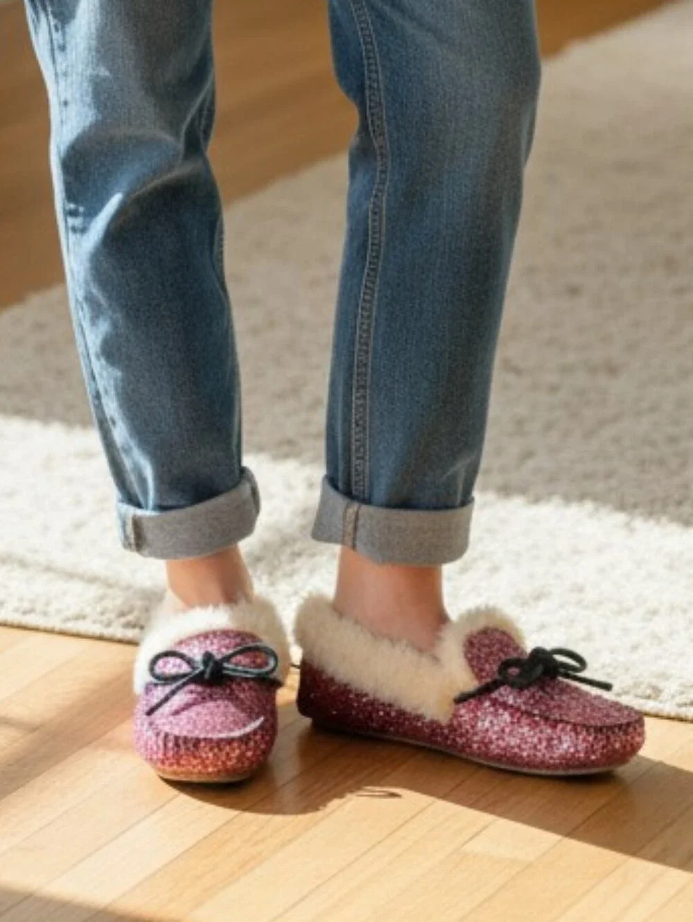 Crewcuts Pink Glitter Faux-Fur Lined Moccasins